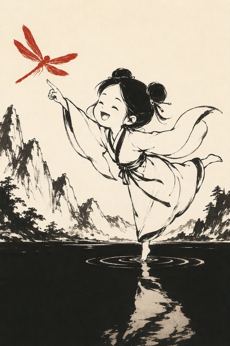 兑泽:水墨小人在墨湖边踮脚探身,一手高举,指尖停着一只朱红的蜻蜓。