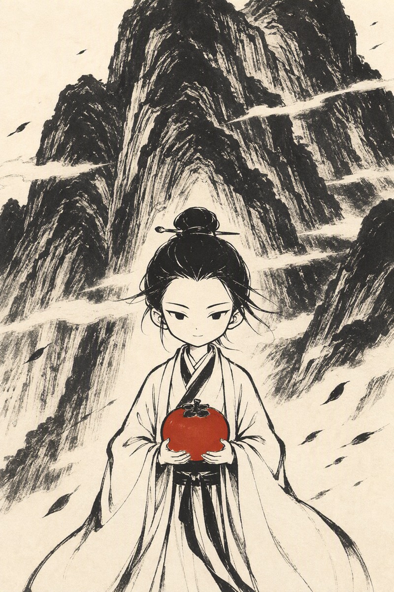 艮山:水墨小人立于巨嶂之前,睁眼定神,怀里捧着一枚朱红的柿子。