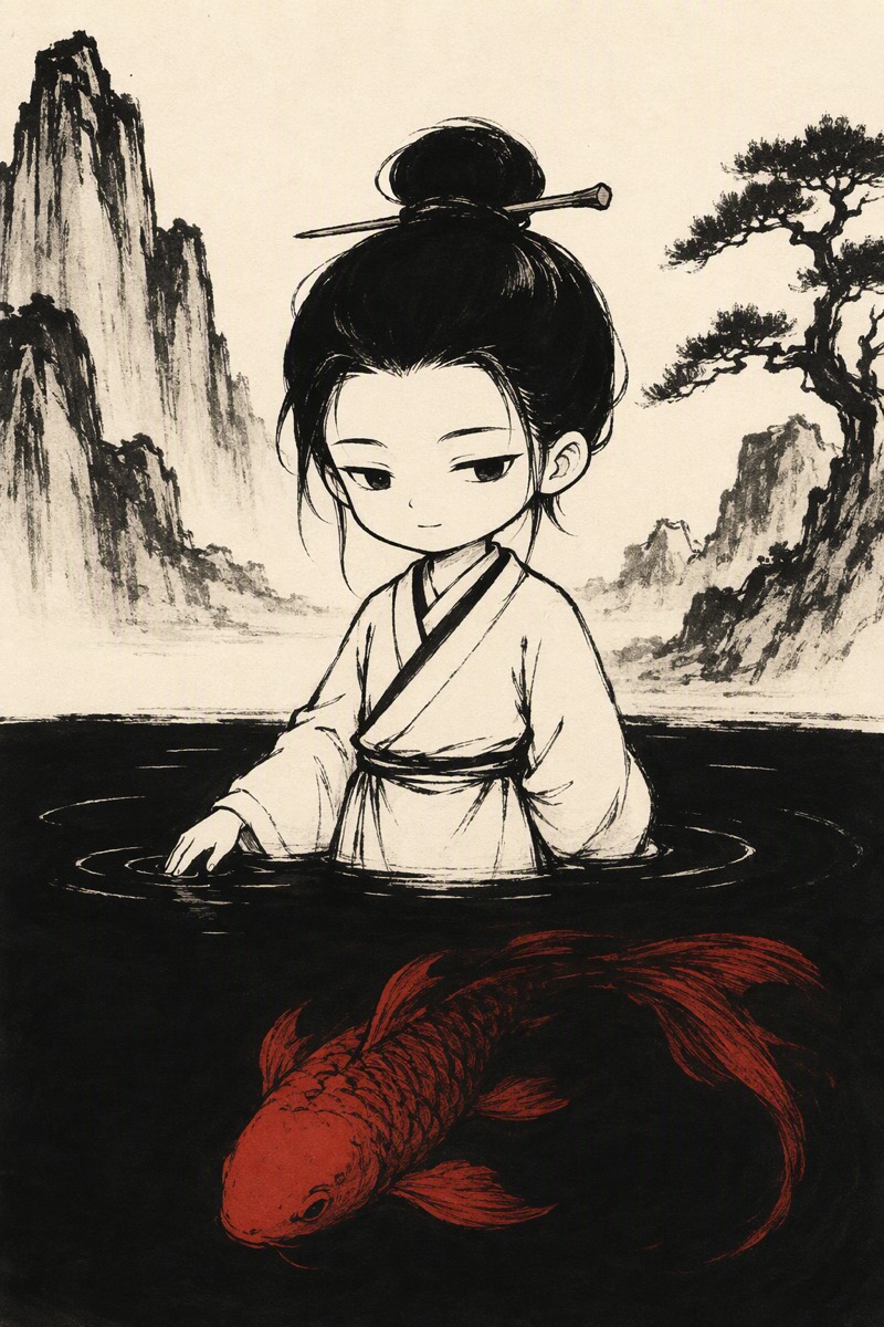 坎水:水墨小人半身立于整块浓黑的潭中,指尖点水起涟漪,水下游着一尾朱红的鲤。