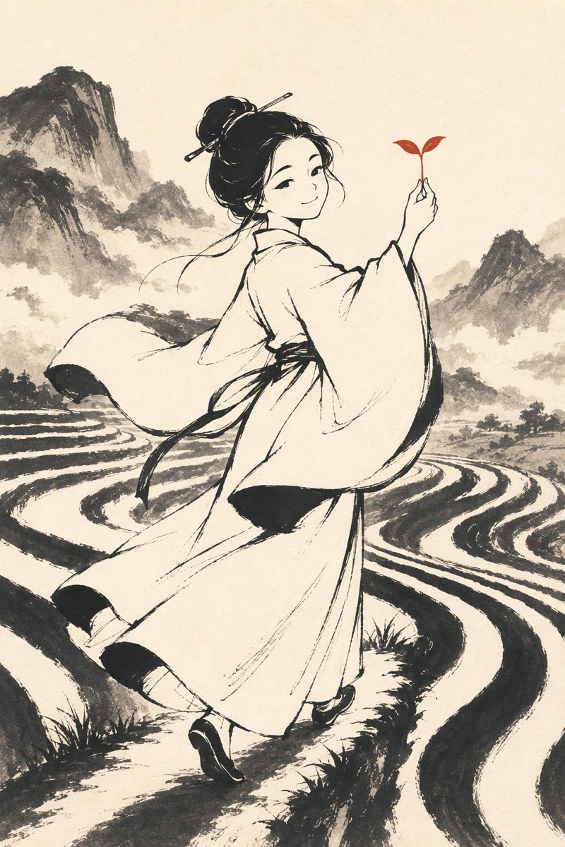 地势坤，君子以厚德载物水墨意象：水墨小人在田埂上回身巧笑，黑白垄亩铺开，手里举着一株朱红的芽。