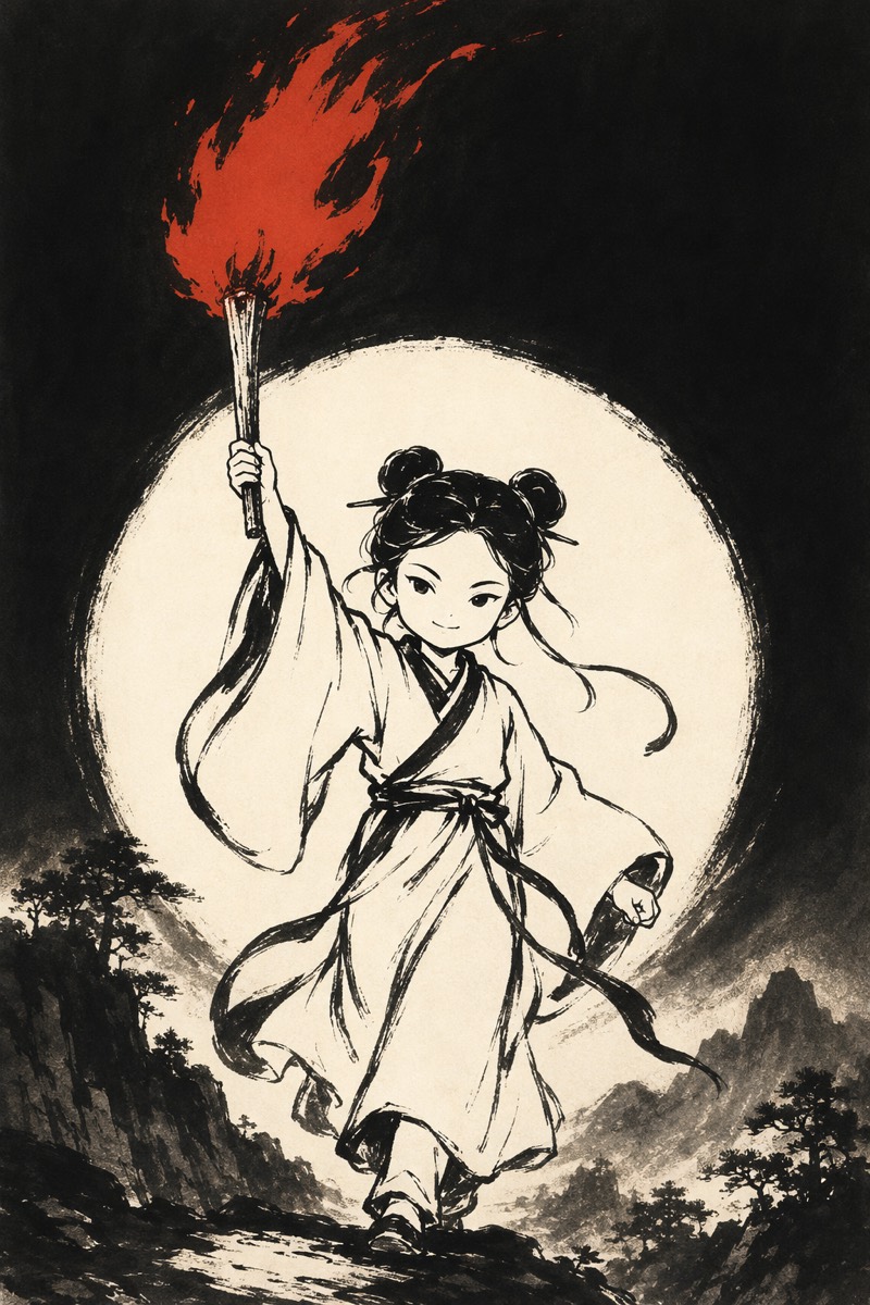 大人以继明照于四方水墨意象：水墨小人在整片墨夜里大步前行，高举火把，火焰是朱红的。
