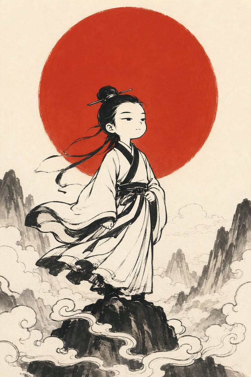 乾天:水墨小人立于墨峰云头,仰面向前,身后一轮朱红的日。