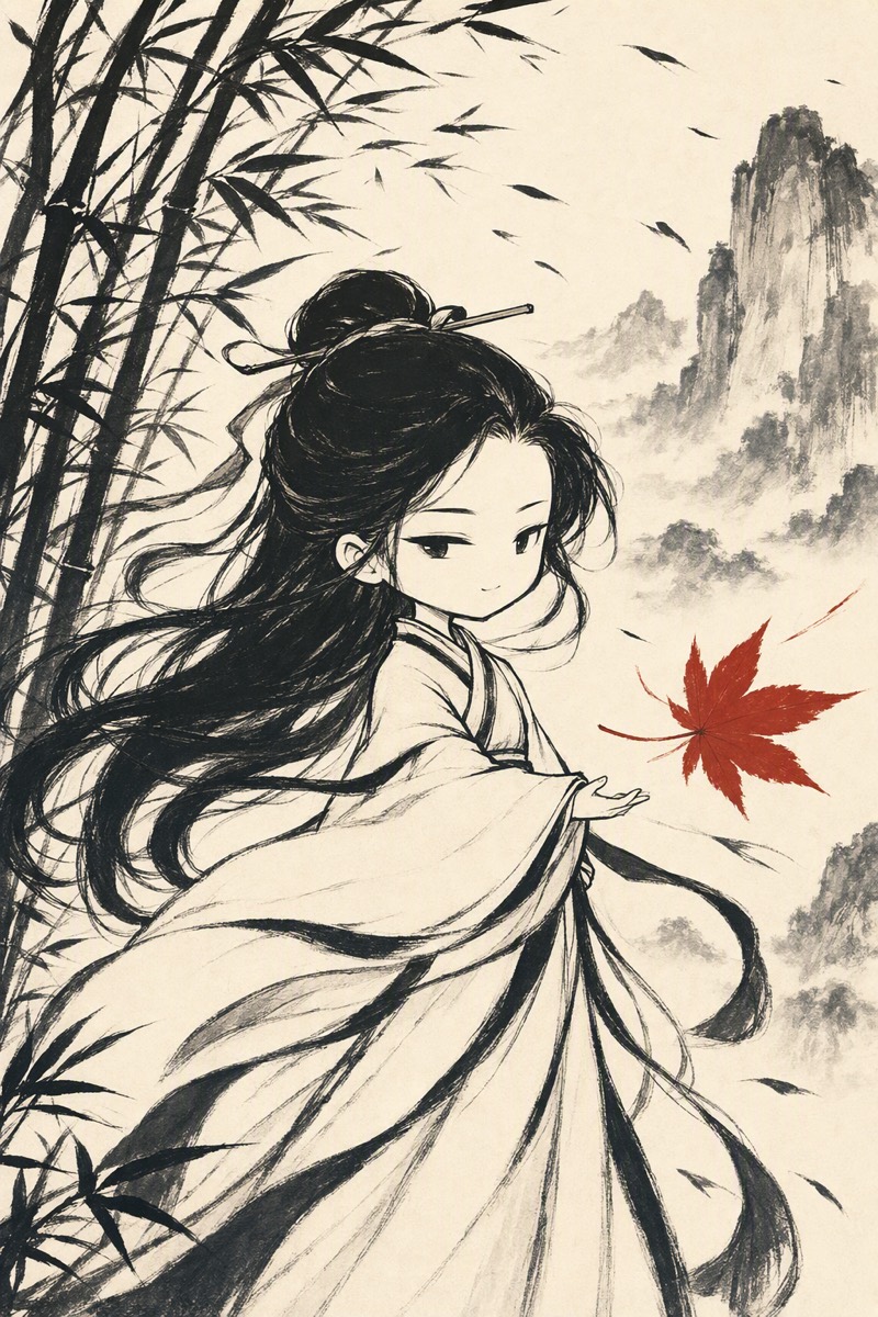 随风，巽；君子以申命行事水墨意象：水墨小人迎风而立，长发长绦顺风，墨竹压在一侧，一片朱红的枫叶掠过袖边。
