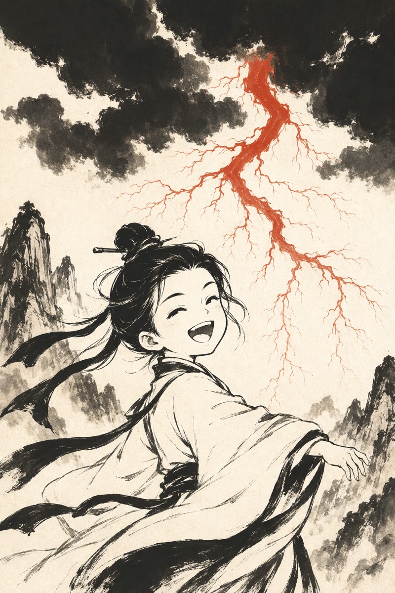 洊雷，震；君子以恐惧修省水墨意象：水墨小人回身开怀大笑，衣带飞扬，头顶浓云里落下一道朱红的闪电。