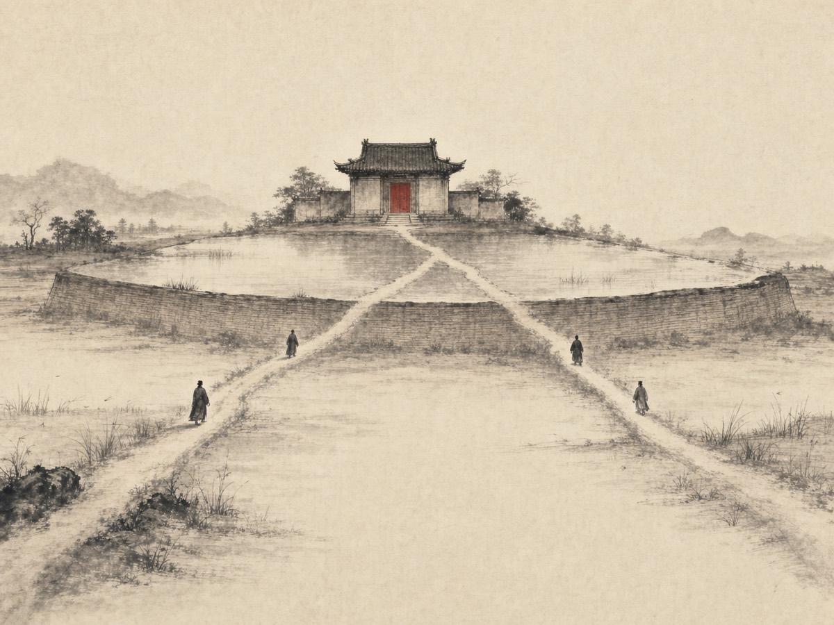 萃卦水墨意象：上庙下泽、外散内聚——中央高处的宗庙朱门为唯一视觉焦点，高于地面的聚泽横陈其前，两条小径引着四个人影自画外两角向庙门汇拢。