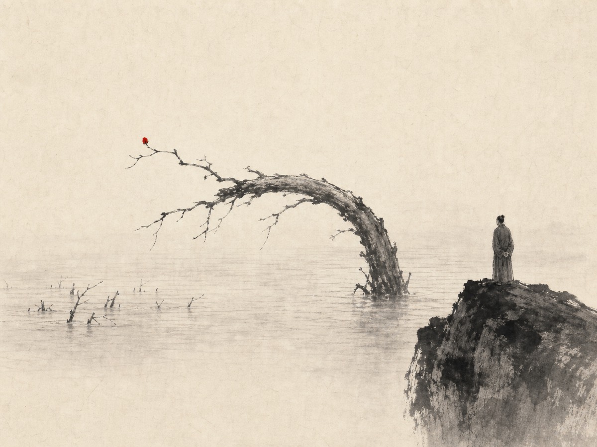 大过卦水墨意象：大水横贯画面中带淹没林木，弯成弓形的老杨仅余树冠出水、梢头一点朱砂新芽为唯一焦点，右侧高石上一人独立面水，上下大片留白托住这一静止的非常时刻。