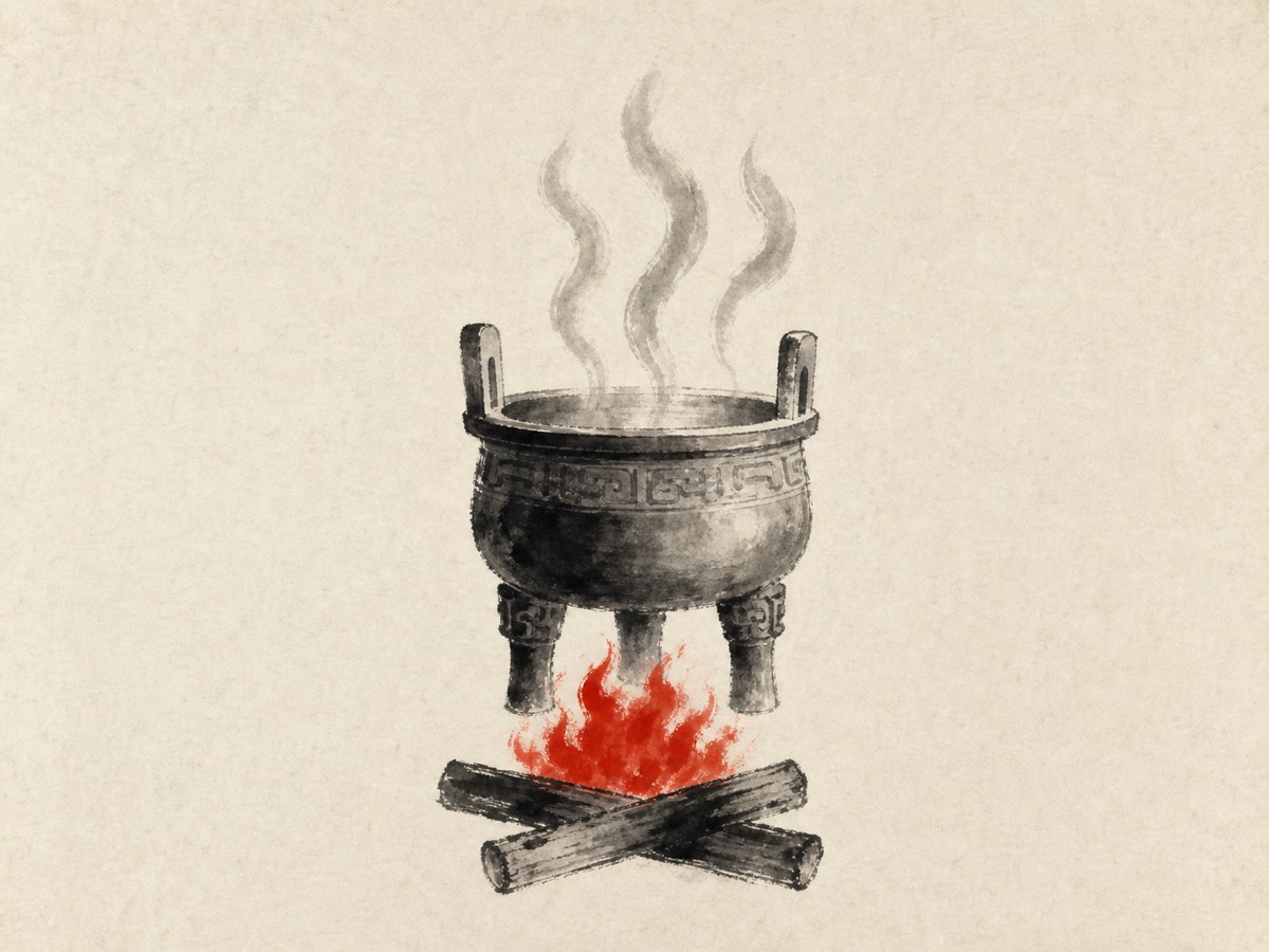 鼎卦水墨意象：一条自下而上的供养叙事线：薪在底、火居中、鼎稳立其上、炊气袅袅出口——下者供、上者熟，四周大片留白令鼎独尊画面中心。