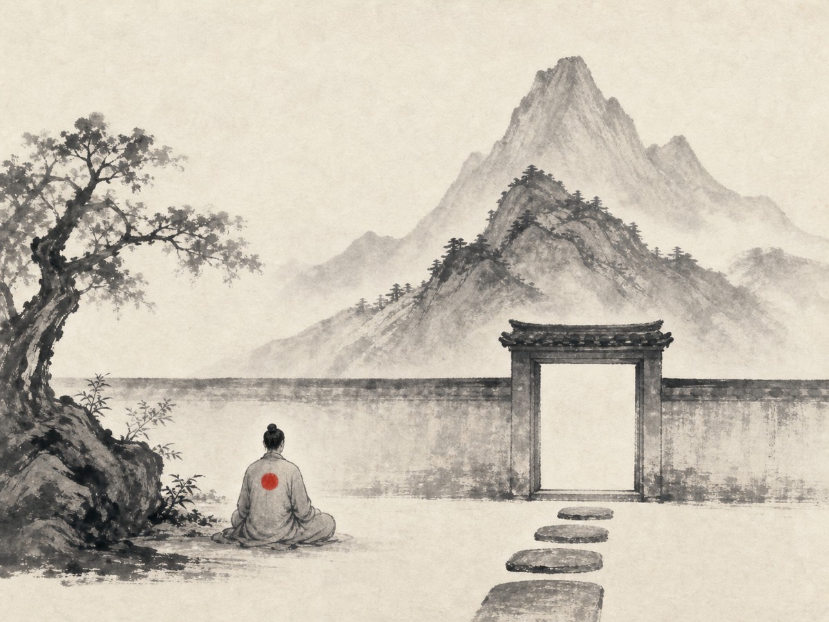艮卦水墨意象：远处兼山重立、近处空庭一人背坐，心口一点朱砂安在原位，门外石径至槛而止——由外而内层层收束成一个「止」的静止瞬间。