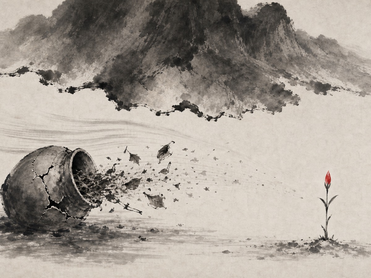 蛊卦水墨意象：艮山静压画面上方，巽风自左横贯山下，将左下倾裂旧皿中的陈年积垢一路吹散扬尽，视线顺着渐轻的碎屑落在右侧唯一直立的朱砂新芽上——除旧与立新在一阵风里同时发生。