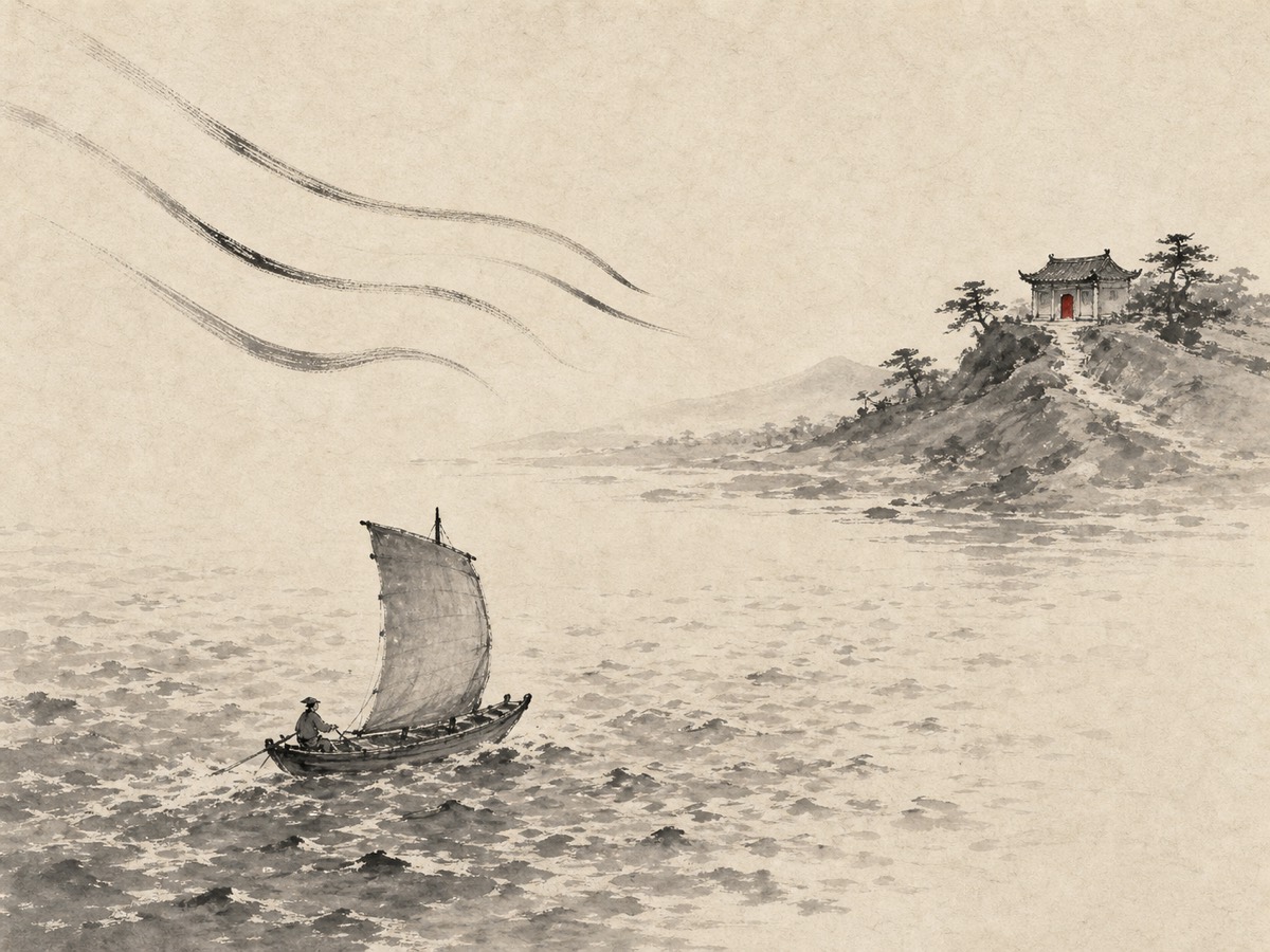 涣卦水墨意象：巽风自左上行于坎水之上，吹散碎波，一叶满帆之舟载人自左向右渡大川，直指彼岸高处那座朱砂门的小庙——散于水上、归于庙中，一渡一聚正是涣卦「先散开板结、再凝起人心」的全局。