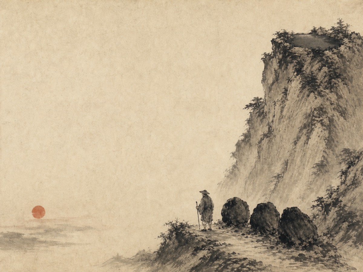 蹇卦水墨意象：右侧巨山顶上蓄水、乱石塞路，行人至山脚见险而止，回身面向西南低悬的朱砂日——一幅「往蹇来反」的静止瞬间：背对险阻，面向生路。