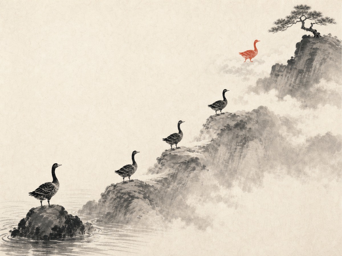 渐卦水墨意象：水岸波线起笔，磐上之雁先踩实脚跟，三只墨雁循着右侧艮山层层递升的坡势一阶一阶斜升入云，领头朱雁已抵云路，与山顶渐长之松遥相呼应——整幅画就是一部「不跳步的慢」。