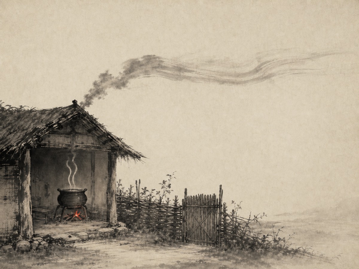 家人卦水墨意象：屋内灶火烹釜居画面焦点，炊烟穿脊化作长风向右远行，篱落柴门在外静掩——火在内、风行外、门为界，一家各安其位的静止瞬间。