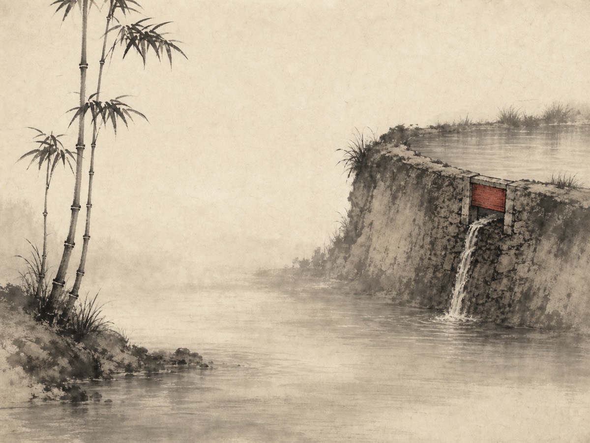 节卦水墨意象：左岸双竹节节而上，右方堤堰悬塘、朱砂闸板半启，一缕量好的水自水门注入平阔下泽——泽上有水而不溢，度设恰好，节以通亨。