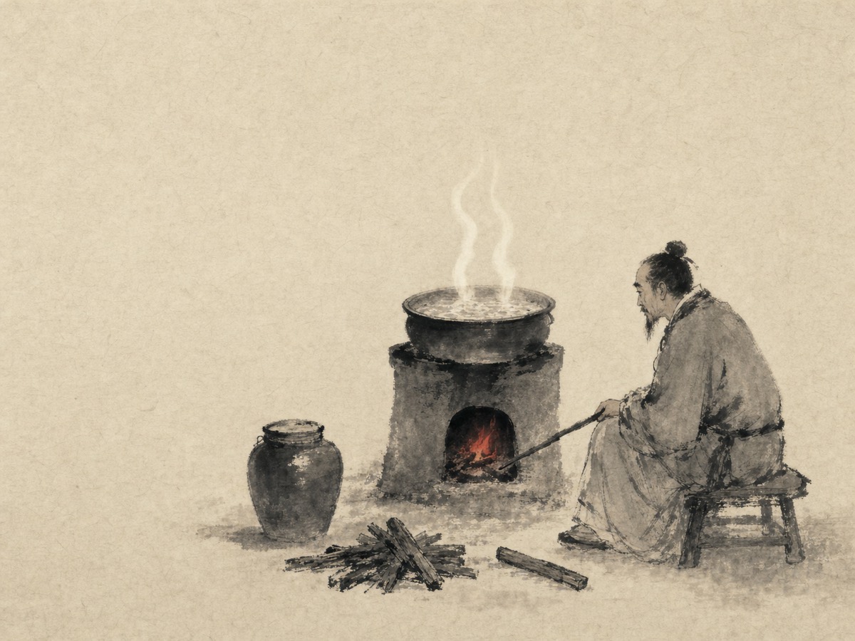 既济卦水墨意象：全画以灶为轴心：釜水安沸于上、朱火受制于下，右侧守灶人执棍终日不离，左侧水瓮先备、灶前薪木在手——大功告成而无一处松劲，一幅「思患而豫防之」的守成图。