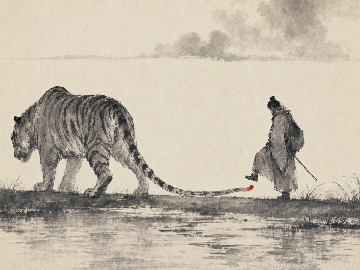 履卦水墨意象：岸上一横为界，上乾天云气、下兑泽波纹；巨虎垂首背身向左徐行占据左半，长尾曳地向右延至画面焦点——行人举足悬停于朱砂尾尖之上，一步未落，强弱相背而同行。