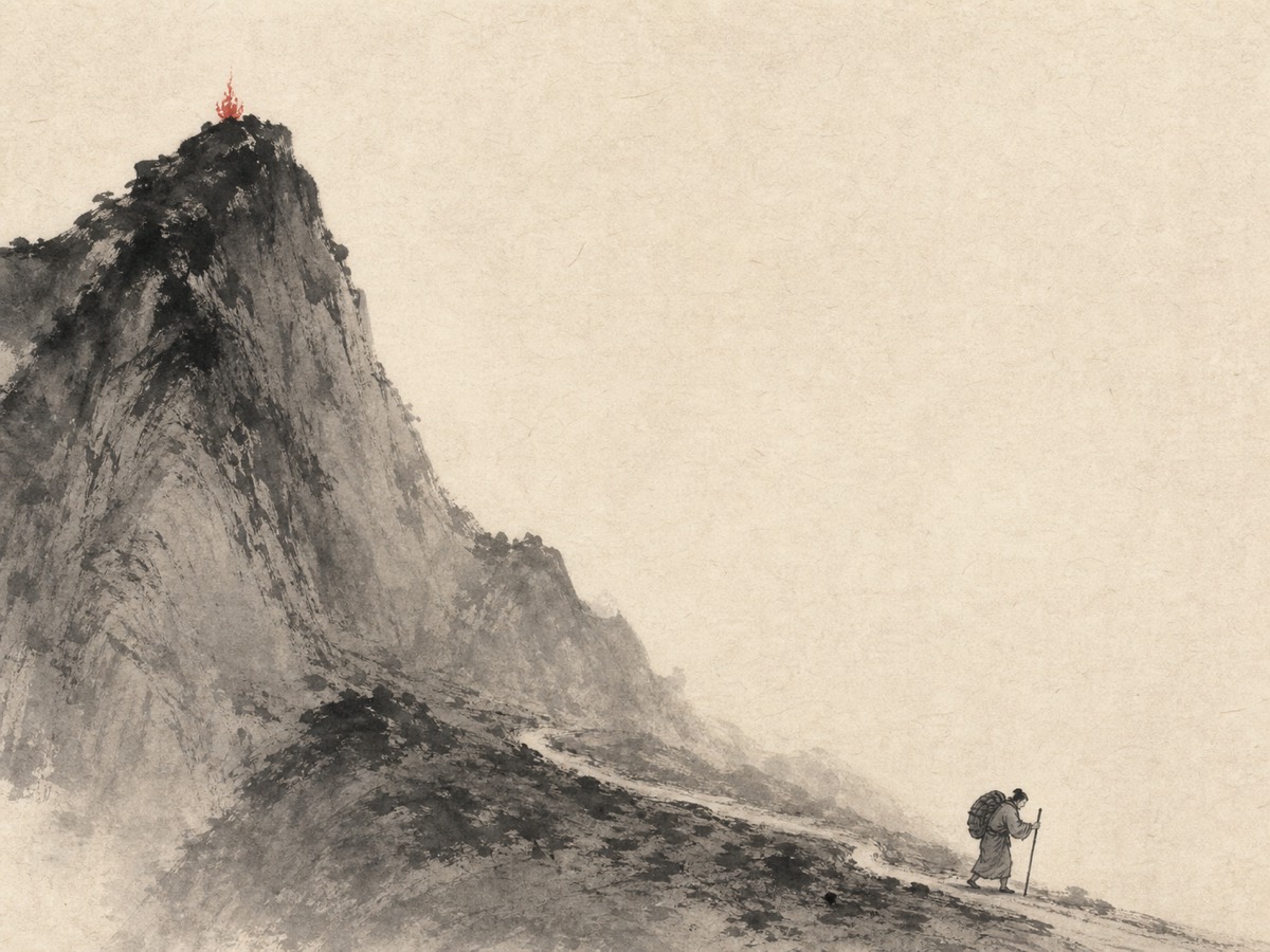 旅卦水墨意象：火高踞山巅而不久留，旅人负囊在山脚小路上俯身向画外走去——上明下止、一居一行，客途之人不问宏图，只求过而能安。