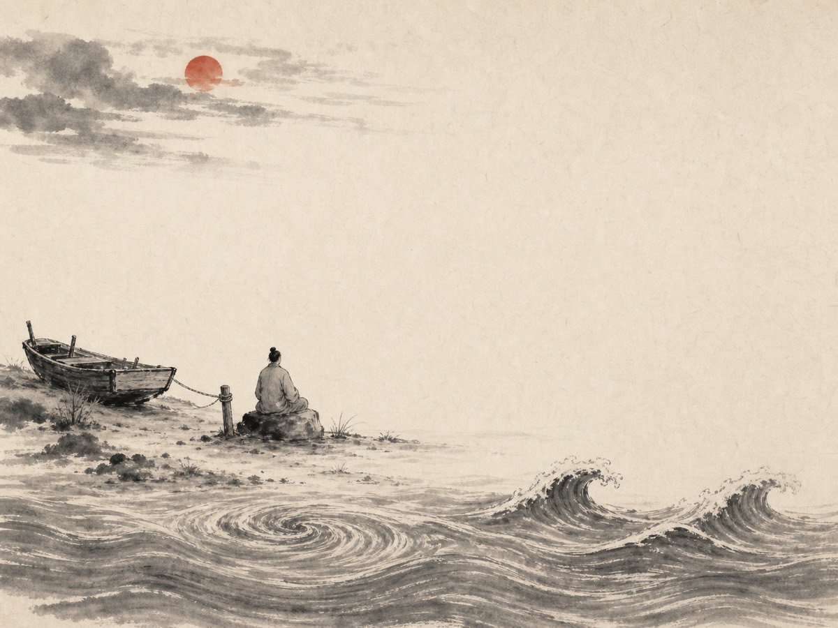 讼卦水墨意象：天上云日向西、脚下大川向东，两股背行之势在画面上下对拉，夹出中央大片空白的岸；一舟收缆上岸、一人背水坐石，把「争不如止」的瞬间停在留白里，唯一的朱砂落日标出天行渐远的方向。