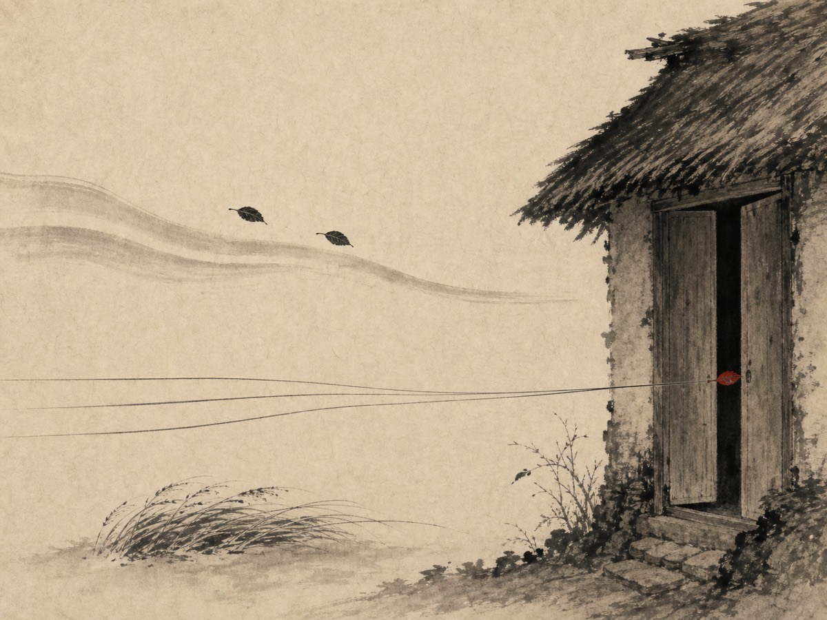 巽卦水墨意象：风自左侧旷野涌来，偃草携叶一路向右，全部动势收束于右侧屋舍两扇半启门板之间的一线暗缝——朱砂红叶正停在缝口，无声的渗透在此刻定格。
