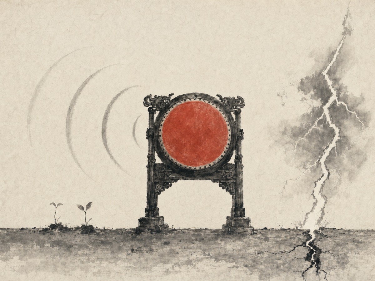 豫卦水墨意象：地平线横贯画底，朱面建鼓稳踞画心，右侧春雷自地缝破土跃向天际、左侧鼓声成弧扩散而新芽破土——雷动于地外、乐作于人间，一静一奋，众声相应。
