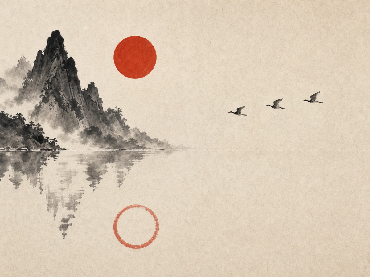 道德经第2章「有无相生」水墨意象(AI 生成插图):一线平水横分画面为轴:上方实峰朱日是「有」是「高」,下方断线倒影与空廓水日是「无」是「下」,两界隔水相生相倾,三雁在留白处前后相随,而成全这一切镜像的水面静默无言、功成弗居。