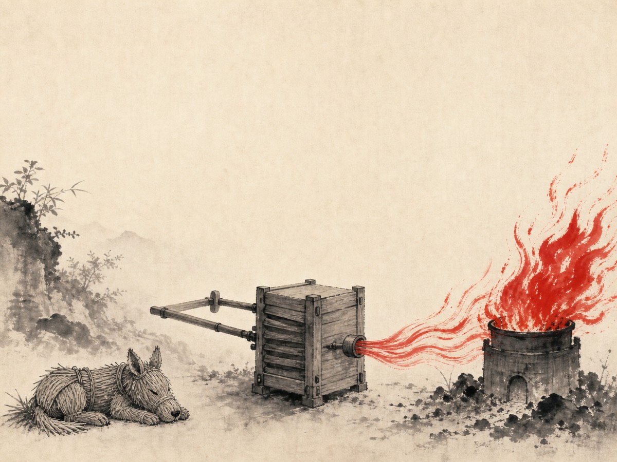 道德经第5章「守中」水墨意象(AI 生成插图):无人执柄的风箱静立画心、双杆止于半程,风自右口涌出吹旺一簇朱火;祭毕的刍狗阖目安卧于左下外侧,上方天地大片留白——不言,而出不穷。