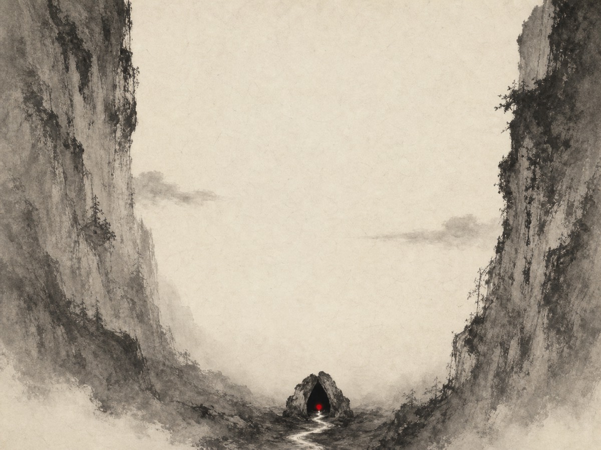 道德经第6章「谷神不死」水墨意象(AI 生成插图):高崖两夹而中央全虚,谷之至低至深处一座玄门藏着朱砂泉眼,一线细流自门内绵绵流出画外——上虚下玄、高崖低门、内藏外流,空处即是源头。