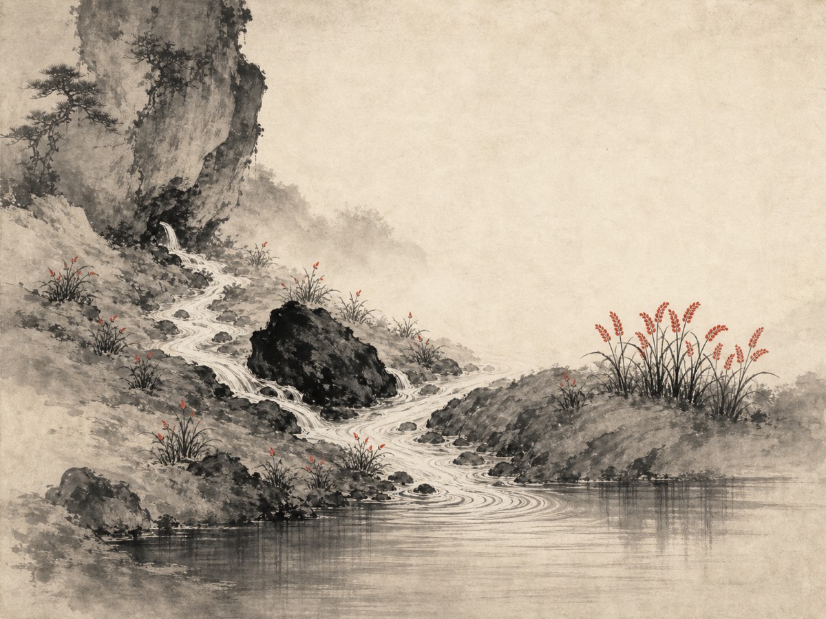 道德经第8章「上善若水」水墨意象(AI 生成插图):泉出高岩、让石下行、润苗成华,终在最低处敛为一泓静渊——高与低、动与静、施与不居,全部收在一条水的走向里,右上大片留白如天。