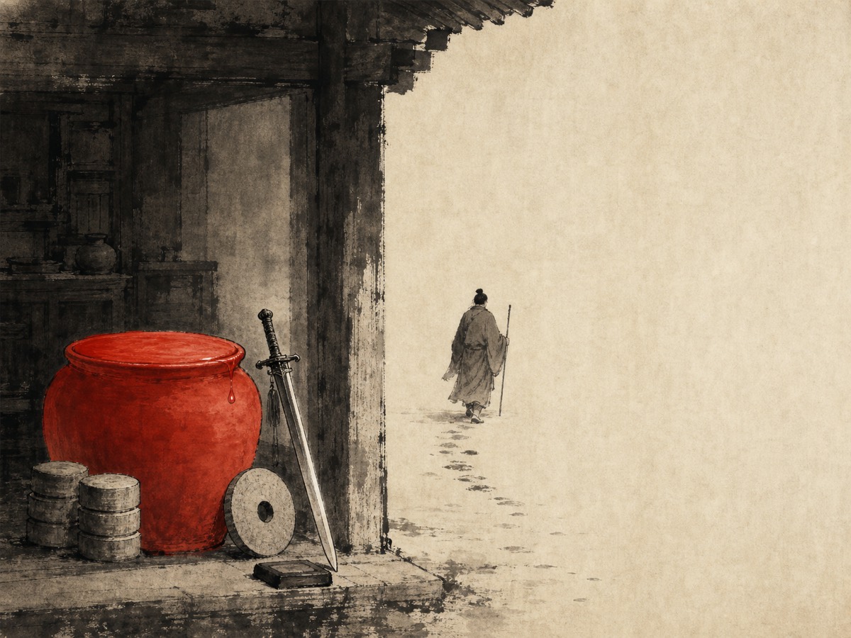 道德经第9章「功遂身退」水墨意象(AI 生成插图):檐梁门柱把画面切成「内满外虚」:堂内器盈欲滴、剑锐倚柱、金玉在陈,一切都堆在顶点;一人已越槛背行,走向右侧大片留白,唯一朱砂是那滴悬而未落的水——满在内,退在外。