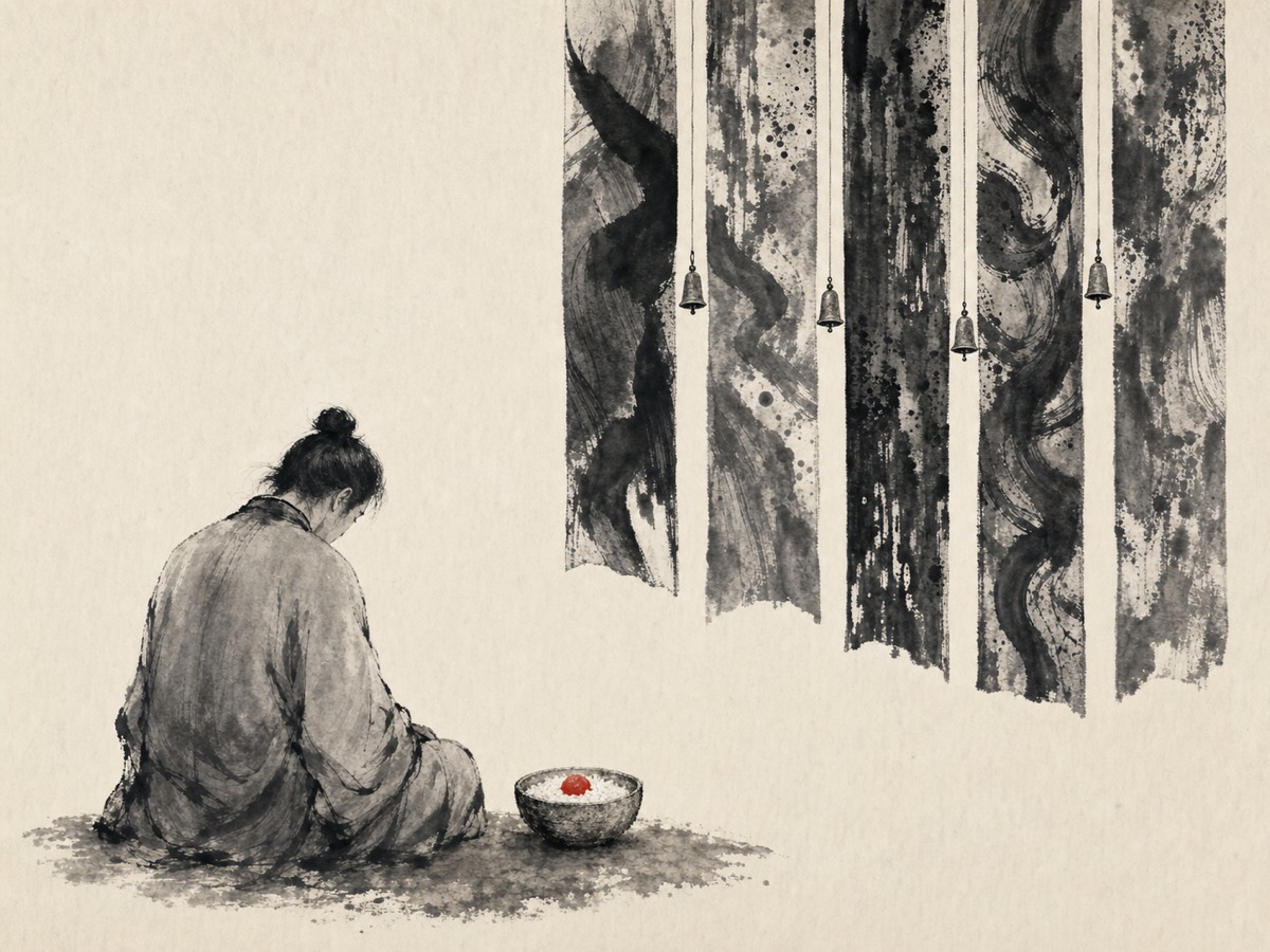道德经第12章「为腹不为目」水墨意象(AI 生成插图):右侧声色之壁高悬无根、密不透风,左侧一人背之而坐、阖目俯向低处唯一有地可踏的一碗淡饭——全图仅有的一点朱砂把观者视线按在「腹」上,眼睛落处即圣人取处。