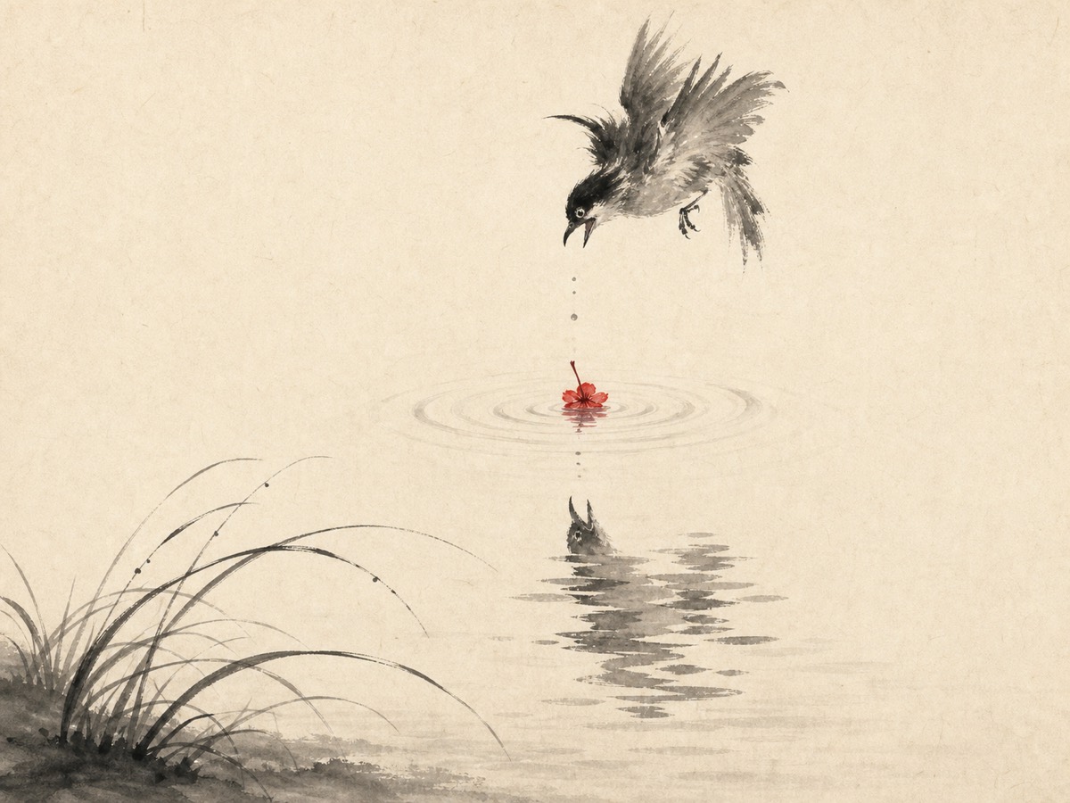 道德经第13章「宠辱若惊」水墨意象(AI 生成插图):上方惊鸟炸羽俯鸣、下方水中碎影仰喙相对,中轴一点朱砂落花与涟漪相连——惊动一切的不过一朵花,而碎掉的只是水里的「身」。