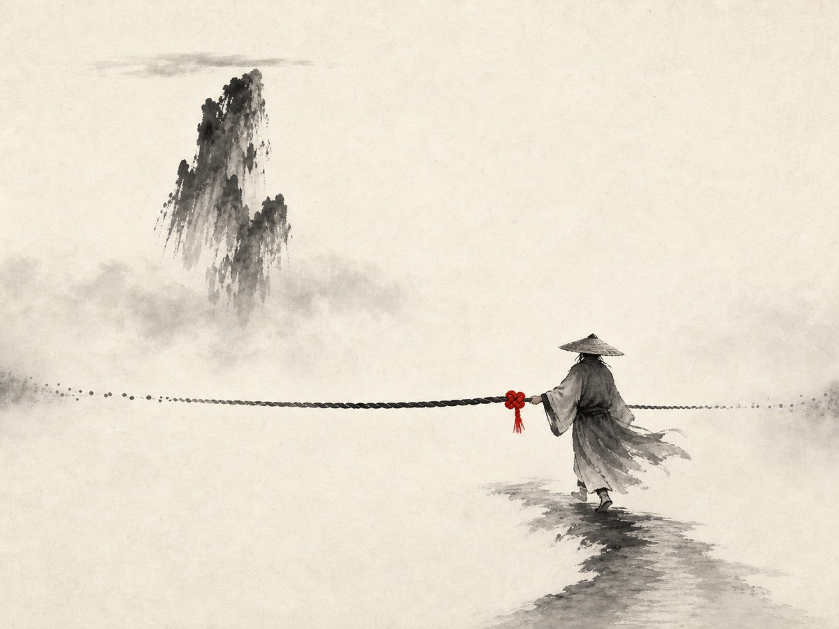 道德经第14章「无状之状」水墨意象(AI 生成插图):左上一座两头俱失的断峰悬于雾上,右下旅人执绳上一点朱结向前,一条两端皆没入雾中的长绳横贯全幅——上下皆不可名状,唯手中可执之一点为凭。