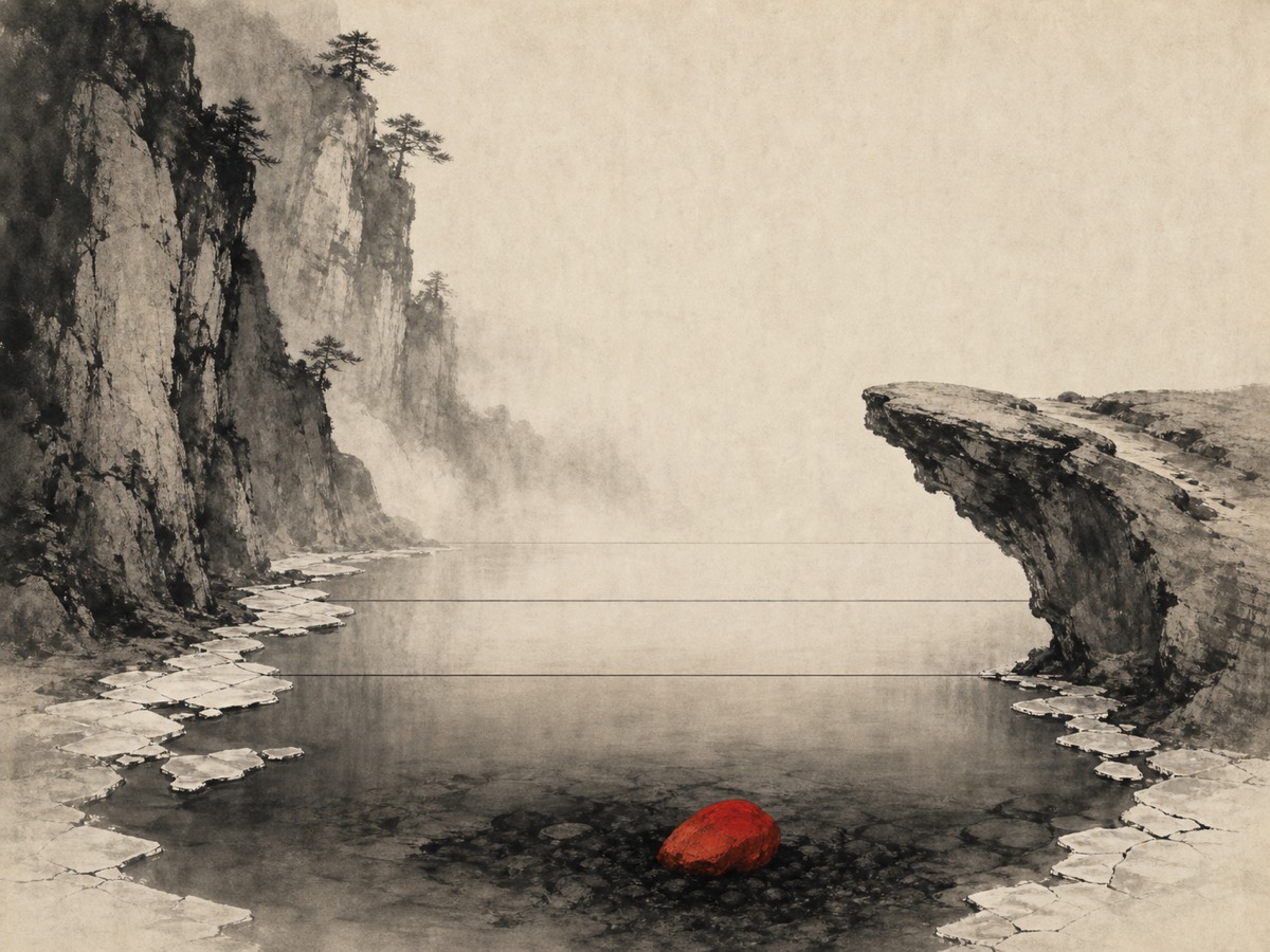 道德经第15章「静之徐清」水墨意象(AI 生成插图):左崖高抱、右唇低悬,止水居中分上下——清浮于上、浊沉于底,岸冰将释于外、朱石徐现于内,水面终不及溢口:满画只此一点朱砂,静而不盈。