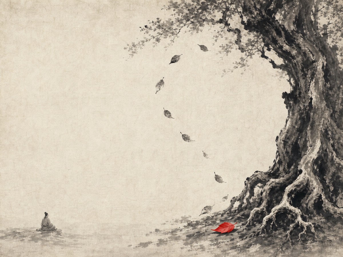道德经第16章「归根曰静」水墨意象(AI 生成插图):右实左虚:巨树与根爪镇住画右,落叶弧线自树冠荡出又收回根前,朱砂一点把视线钉在「归根」处,左下小小坐者与之遥遥相望,中间大片留白就是那个「虚极」。