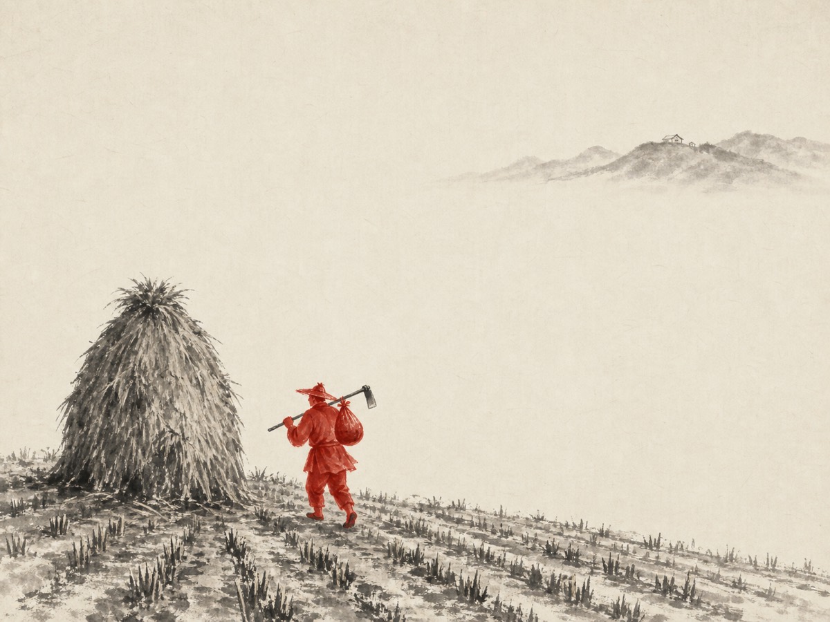道德经第17章「我自然」水墨意象(AI 生成插图):低处田野饱满结实——人担朱砂行囊走向高过人身的谷垛,高处远脊小屋细若可无,中间大片留白的天空没有一道命令穿过:功成于下,静默于上。