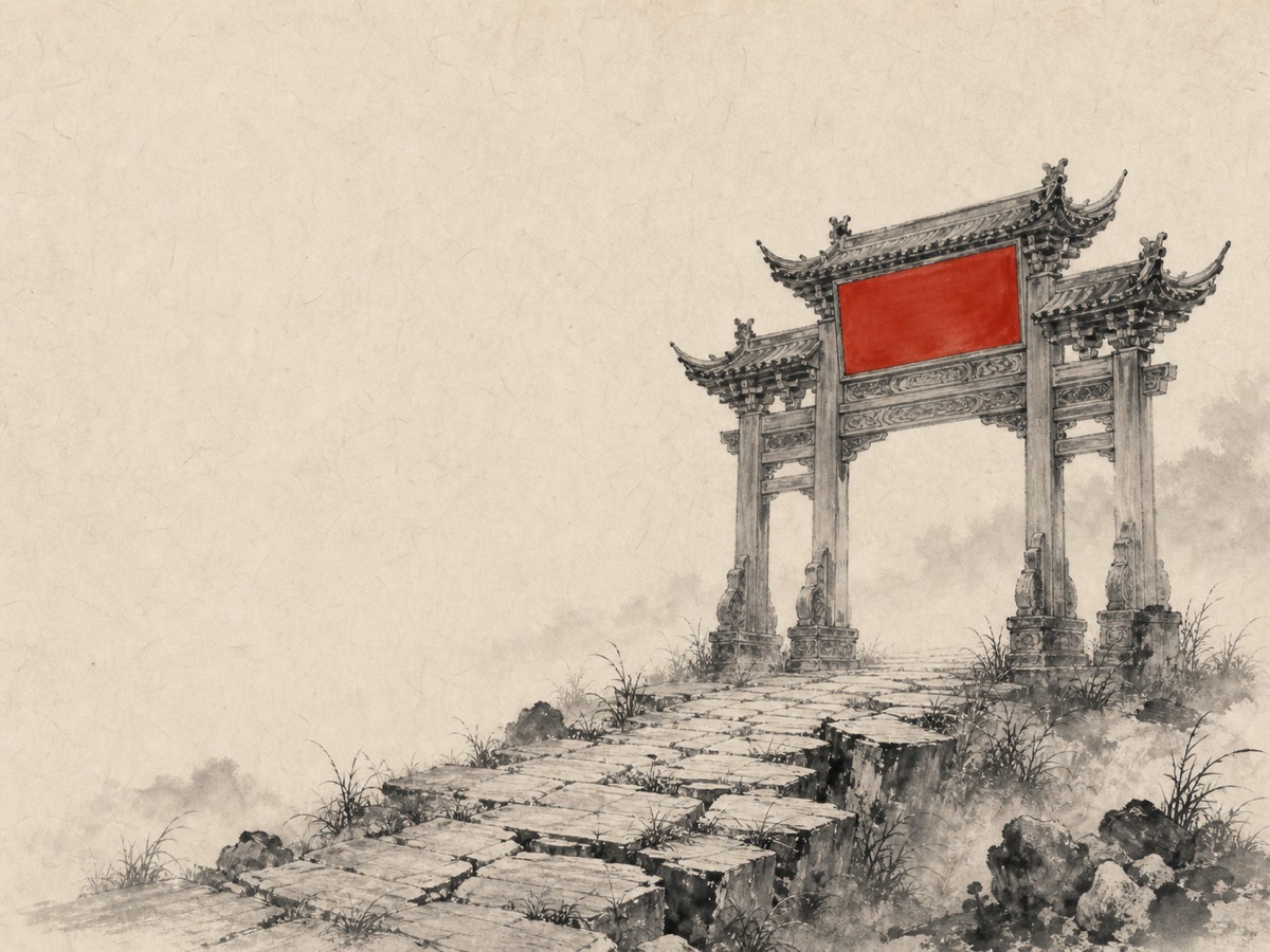 道德经第18章「大道废」水墨意象(AI 生成插图):空匾朱红高悬于上,废道皴裂断绝于下——崭新的旌表之门跨立在久无人行的大道上,名目愈响,路愈荒。