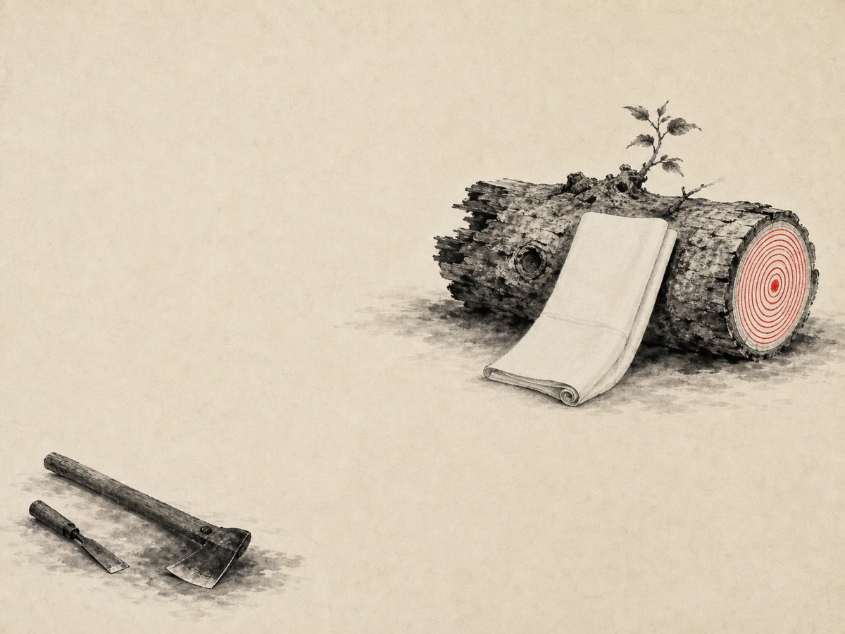 道德经第19章「见素抱朴」水墨意象(AI 生成插图):原木与素帛相倚居右上为唯一焦点,斤凿远卸于左下、锋刃背向,上方大片留白——利器在下已弃,朴在上得全,新叶犹发。