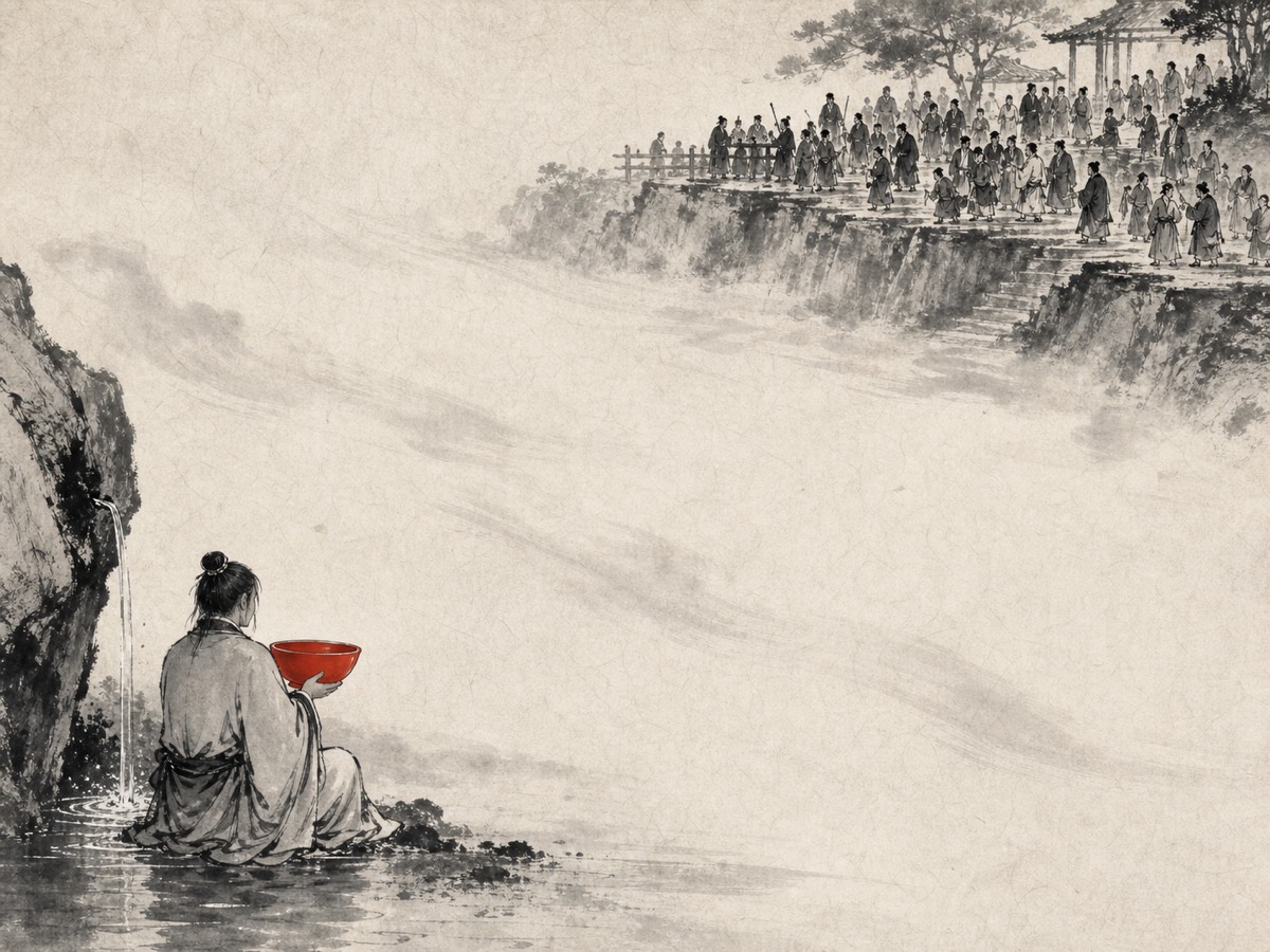 道德经第20章「独异于人」水墨意象(AI 生成插图):右上众人步步登高、人声鼎沸,左下一人背众独坐、捧碗就泉,中间大片留白只余风声——高与低、众与独、向与背,一瞬对峙。