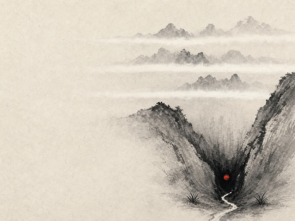 道德经第21章「惟道是从」水墨意象(AI 生成插图):上恍下真:雾中远山若断若续,两坡自高处俯身合抱,谷底至暗裂罅深处独悬一点朱砂之精,一线细泉自幽暗中流出画外,新草初生其侧——愈深愈真,惟道是从。