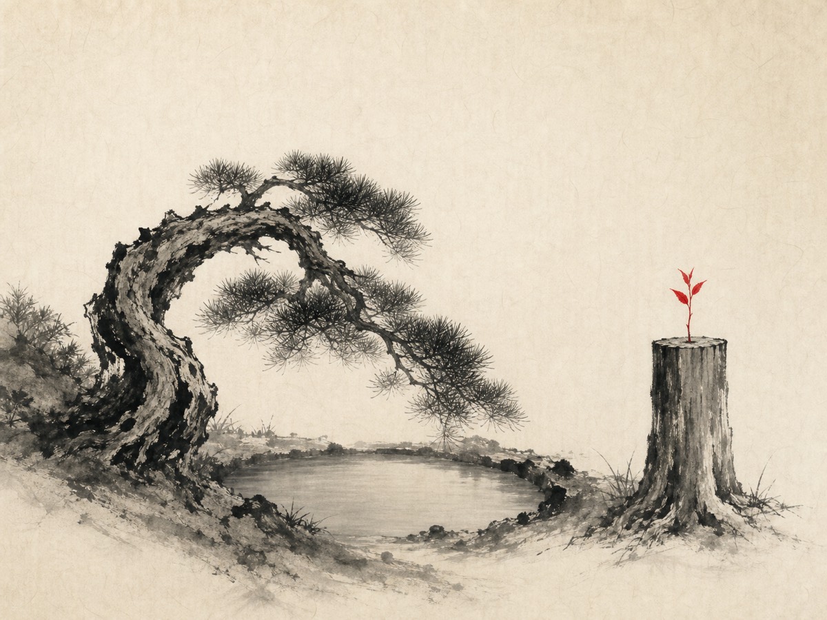 道德经第22章「曲则全」水墨意象(AI 生成插图):弯曲的老松俯身护向盈满的洼池,右侧齐根而断的直木桩上一点朱砂新芽——曲与直、低与满、敝与新在一片留白里相对而立,成一个「不争而全」的静止瞬间。