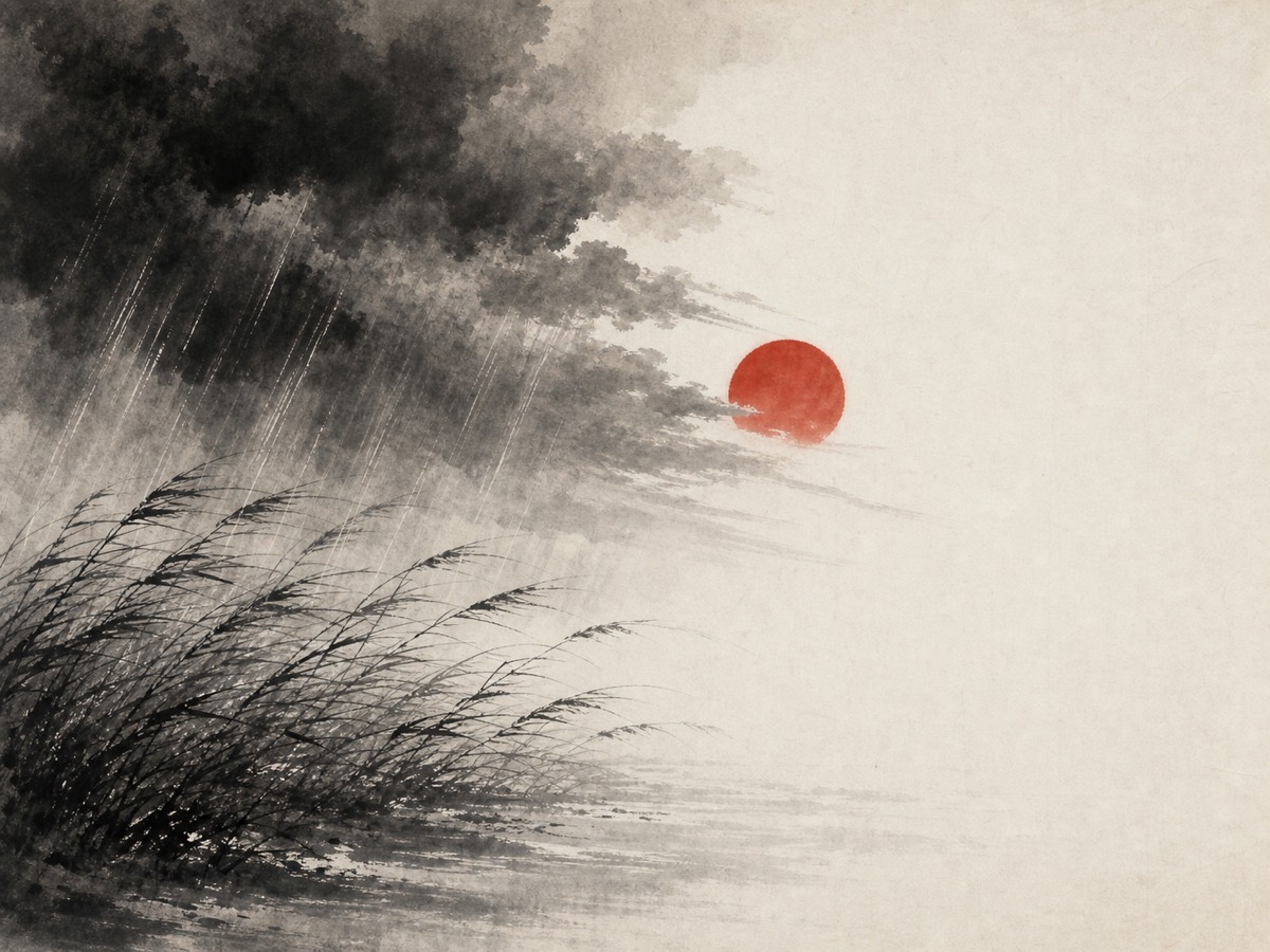 道德经第23章「希言自然」水墨意象(AI 生成插图):左半幅风雨倾压、右半幅空明如洗,递减的雨帘与偃伏的苇草都指向云尽处那轮不动的朱砂朝日——猛烈是暂时的,安静才是常态。