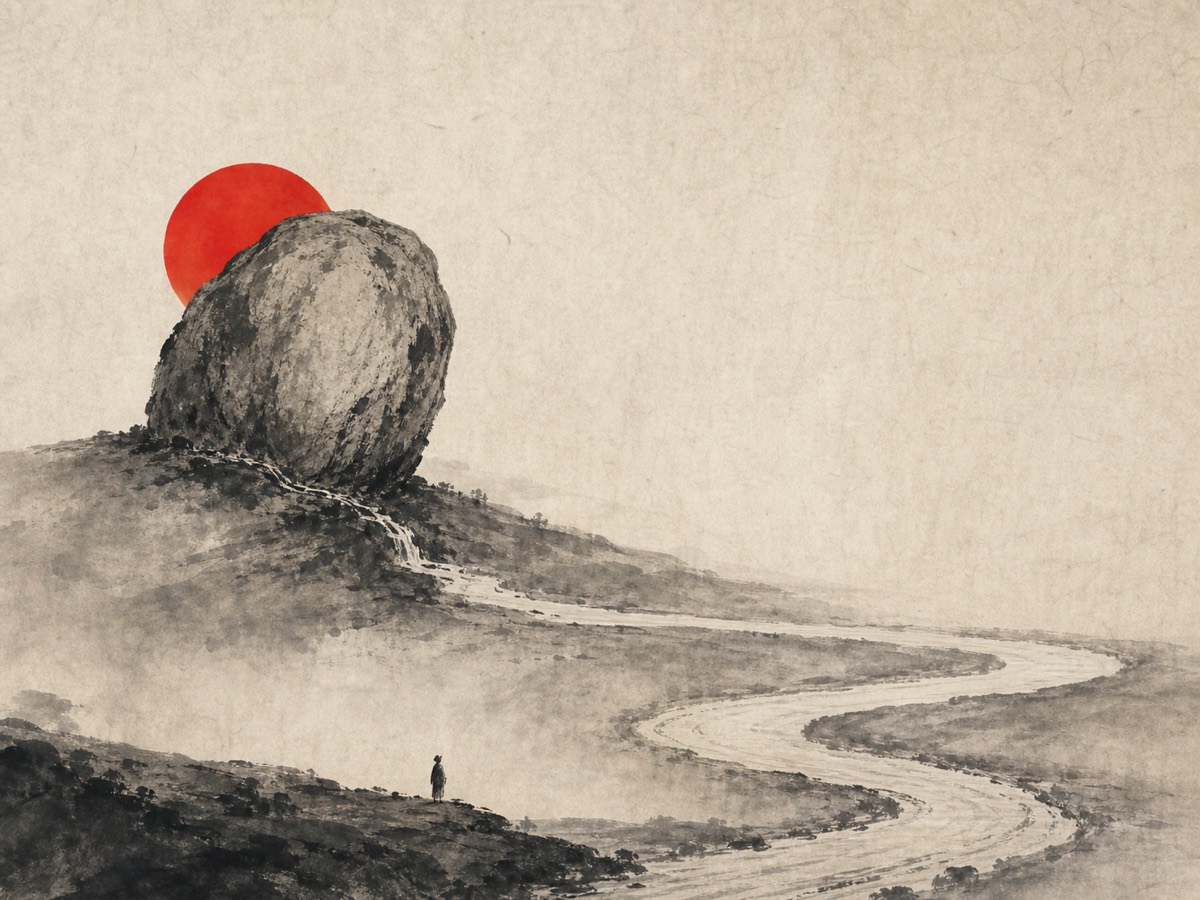 道德经第25章「道法自然」水墨意象(AI 生成插图):空旷河岸上一块浑成巨石独立于高处、朱日半隐其后,石根涌出的溪水东逝至画缘又折返回流,最低处一个小人抬首向石——高与低、先与后、逝与反在一幅静景中分层铺开。