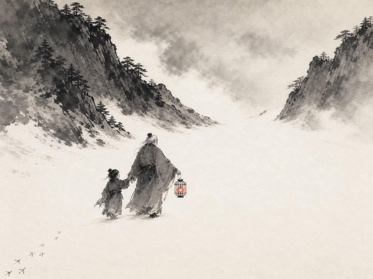 道德经第27章「善行无辙迹」水墨意象(AI 生成插图):空阔雪野自下而上收束于两山让出的空豁山口,大者在前回手牵小者在后向山口同行——人行处身后不留一痕,唯左下雀迹点点、掌间一点笼中朱火内明,无一人被留下。