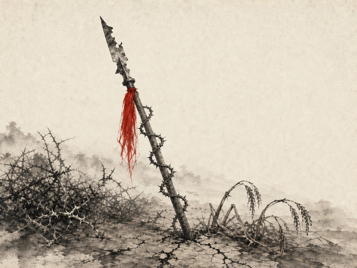 道德经第30章「物壮则老」水墨意象(AI 生成插图):战后荒地的静止一瞬:崩刃长矛斜插居中而立、红缨垂头,荆棘自下而上缠杆、枯禾在旁垂穗,右上大片留白——胜势已停,还报正在从地里长出来。