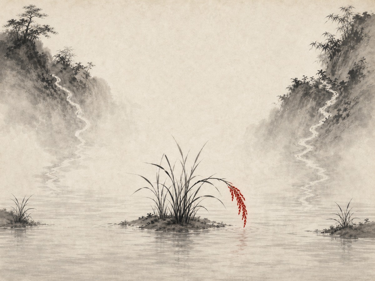 道德经第34章「不自为大」水墨意象(AI 生成插图):两道细流自左右高岸归下,汇入横贯全幅、漫出画外的低处大水;水上一洲禾苗独立成焦点,唯一朱砂的饱满穗头低低垂向水面——居下者养万物,不自大者成其大。