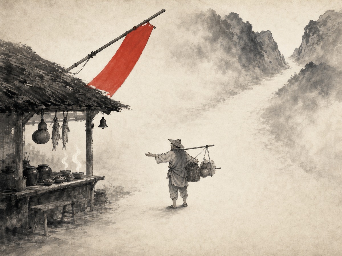道德经第35章「淡乎其无味」水墨意象(AI 生成插图):左下热闹酒棚与右上空旷山缺对角相持,过客孤立于大道中央——面朝饵、担向道,「止」与「往」同框于一个静止瞬间。