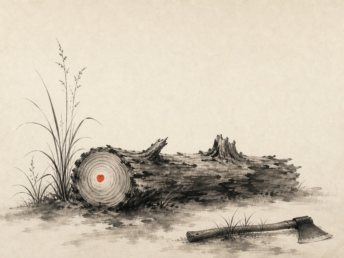 道德经第37章「无为而无不为」水墨意象(AI 生成插图):上半幅大片留白为「静」,巨朴横卧居中自镇,左侧草芽自起向上,右下斧斤放平向外,一点朱砂静在朴心——生者自长、卧者自定、器者自闲,讲"不使劲,局面反而自己稳住"。