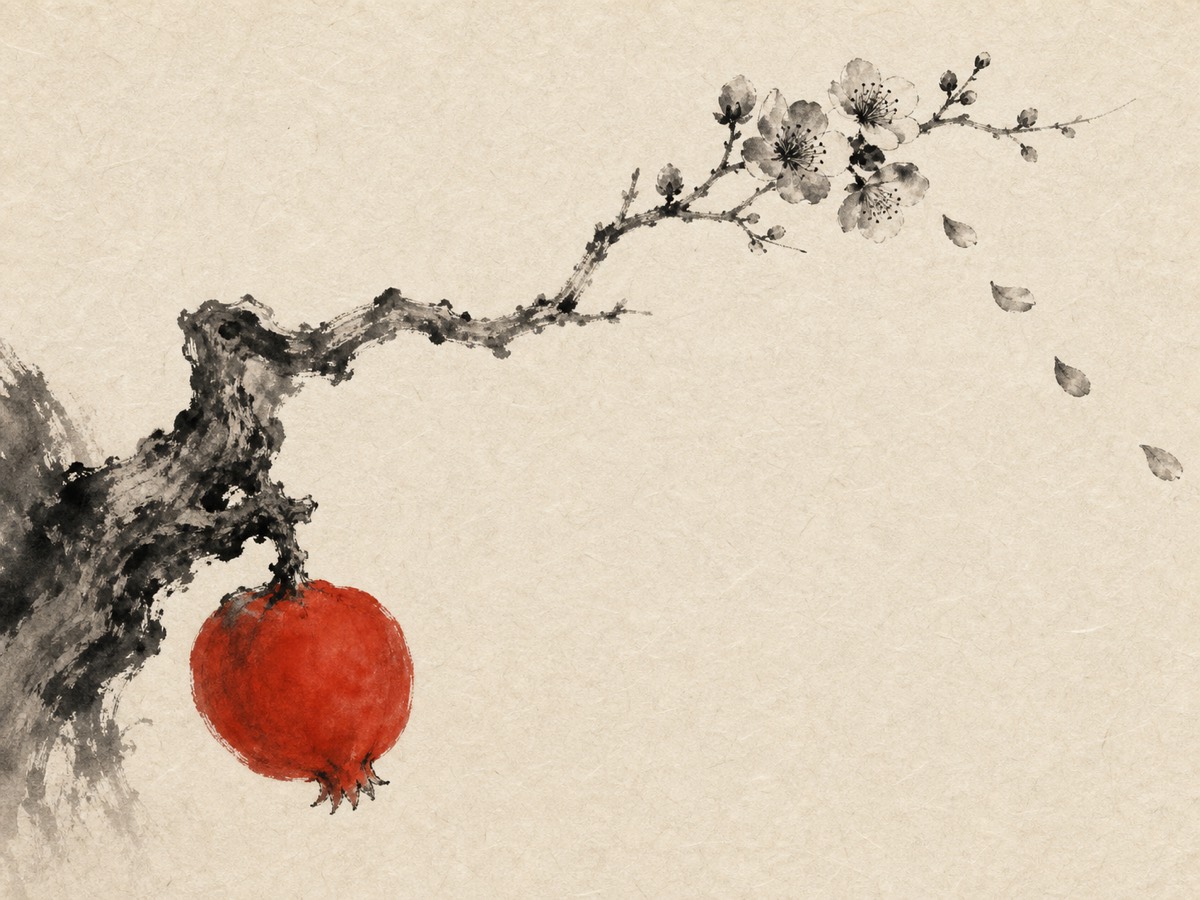道德经第38章「上德不德」水墨意象(AI 生成插图):一枝老干自左横入:右上最薄的末梢繁花炫目、五瓣次第飘散出画,左下最厚的近根处一颗朱果沉沉低垂——高处华散,低处实凝,去彼取此。