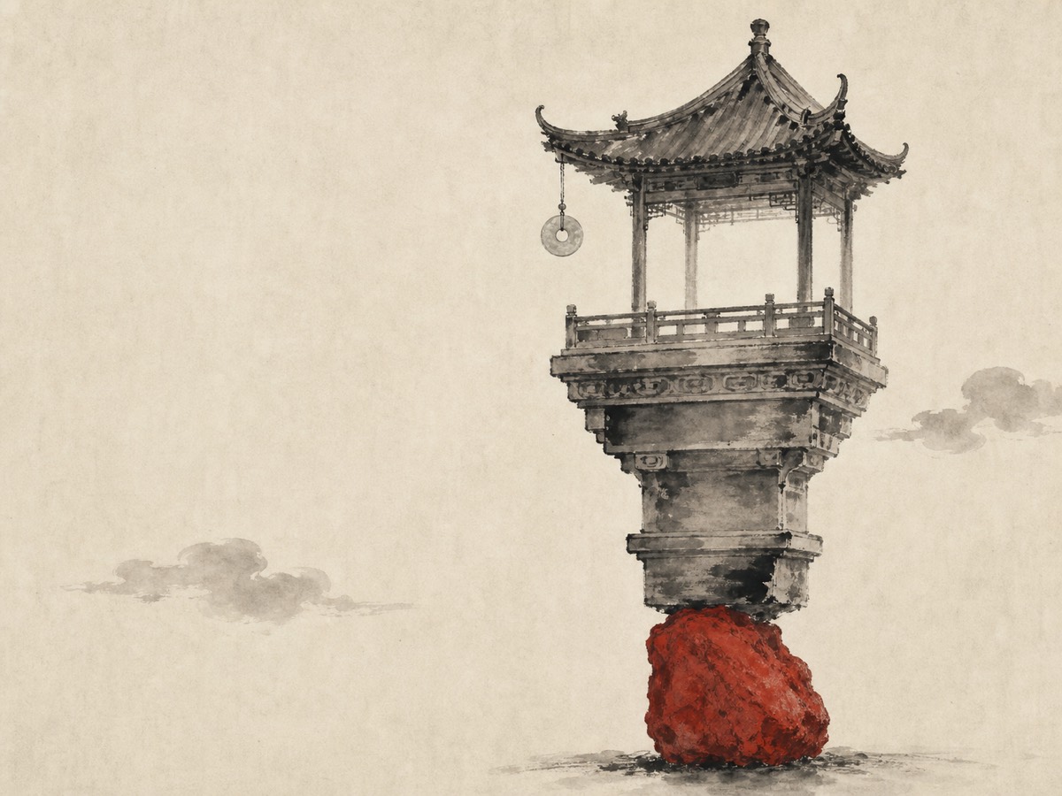 道德经第39章「贵以贱为本」水墨意象(AI 生成插图):纵向单柱构图:华美层台把全部重量自上而下交给一块不起眼的朱砂粗石,玉高悬为饰、石居底承重,高与低互为本基,四周大片留白。