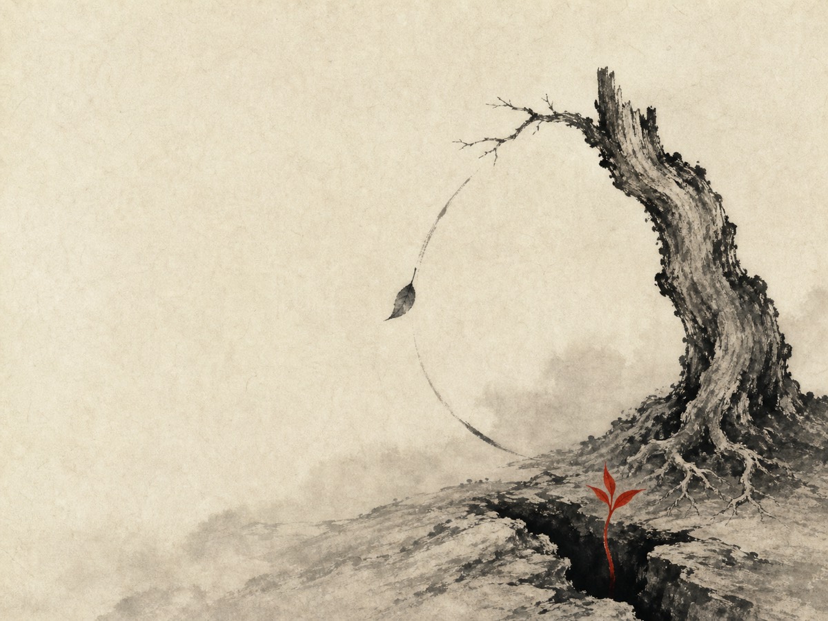 道德经第40章「反者道之动」水墨意象(AI 生成插图):右侧断顶老树走到尽头,末梢一叶沿弧线折返坠向根下,根旁裂穴的黑暗中一茎新芽携朱砂向上——一落一生、一降一升,「反」与「弱」在大片留白里完成道的一次转身。